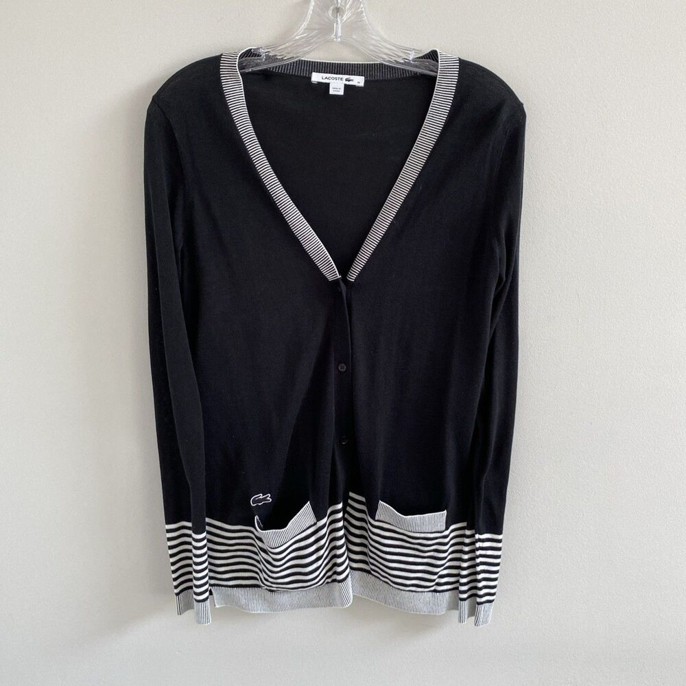 LACOSTE  Black Button Cardigan Sweater 100% Cotton Pockets Croc Logo Size 36
